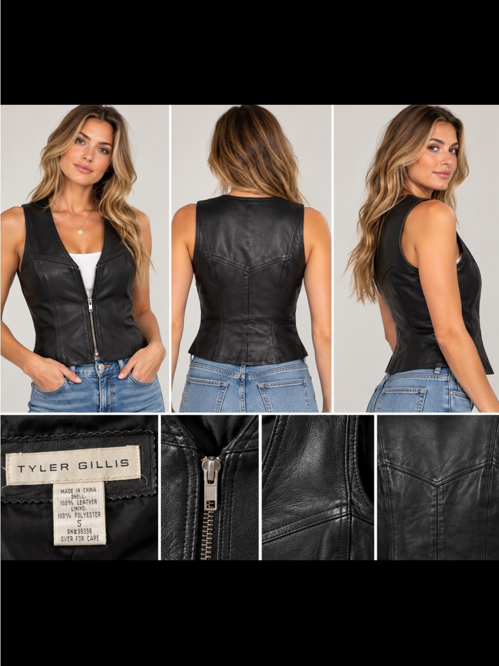 Black Leather Zip-Front Women's Vest